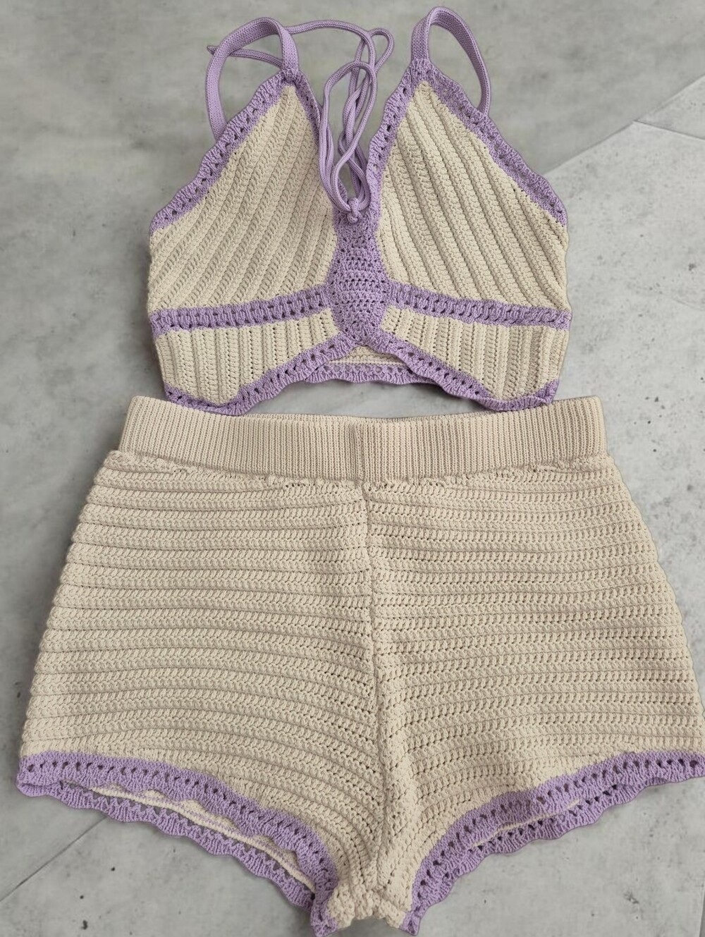💕Victoria's Secret Crochet Two-Piece Knit Bralette & Shorts -Cream & Lavender💕
